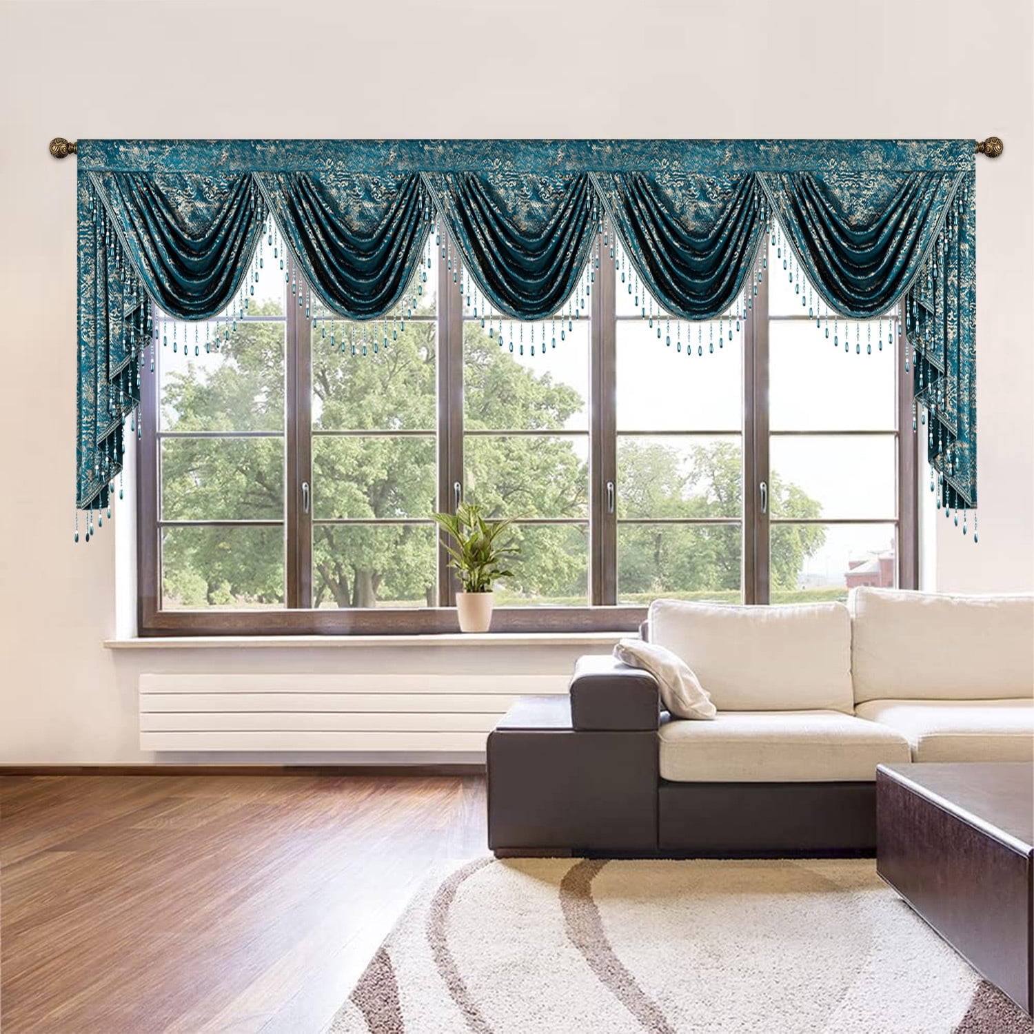 VOGOL Thick Velvet Waterfall Valance, Rod Pocket Swag Curtain with Vintage Tassel, Elegant Line Print Curtain for Living Room Bedroom Décor, 43 x 138 Inches, 1 Piece, Lake Blue