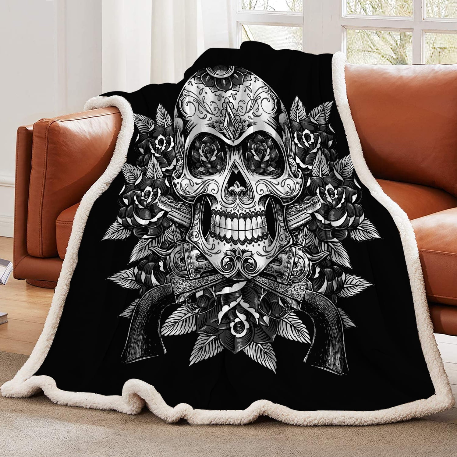 Arightex Sugar Skull Blanket, Fuzzy Rose Skull Decorative ...