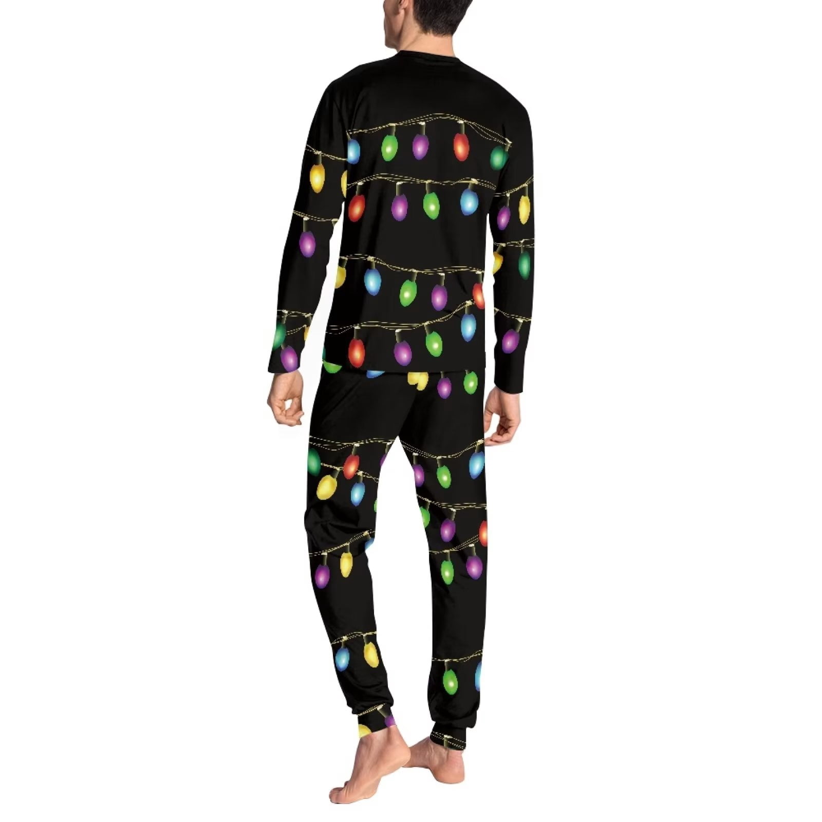 Renewold Christmas Matching Holiday Pajamas for Family Colorful Lights PJ Top and Pants 2pcs,Size XL Men's Long Sleeve Scoop Neck Nightwear Lounge Set