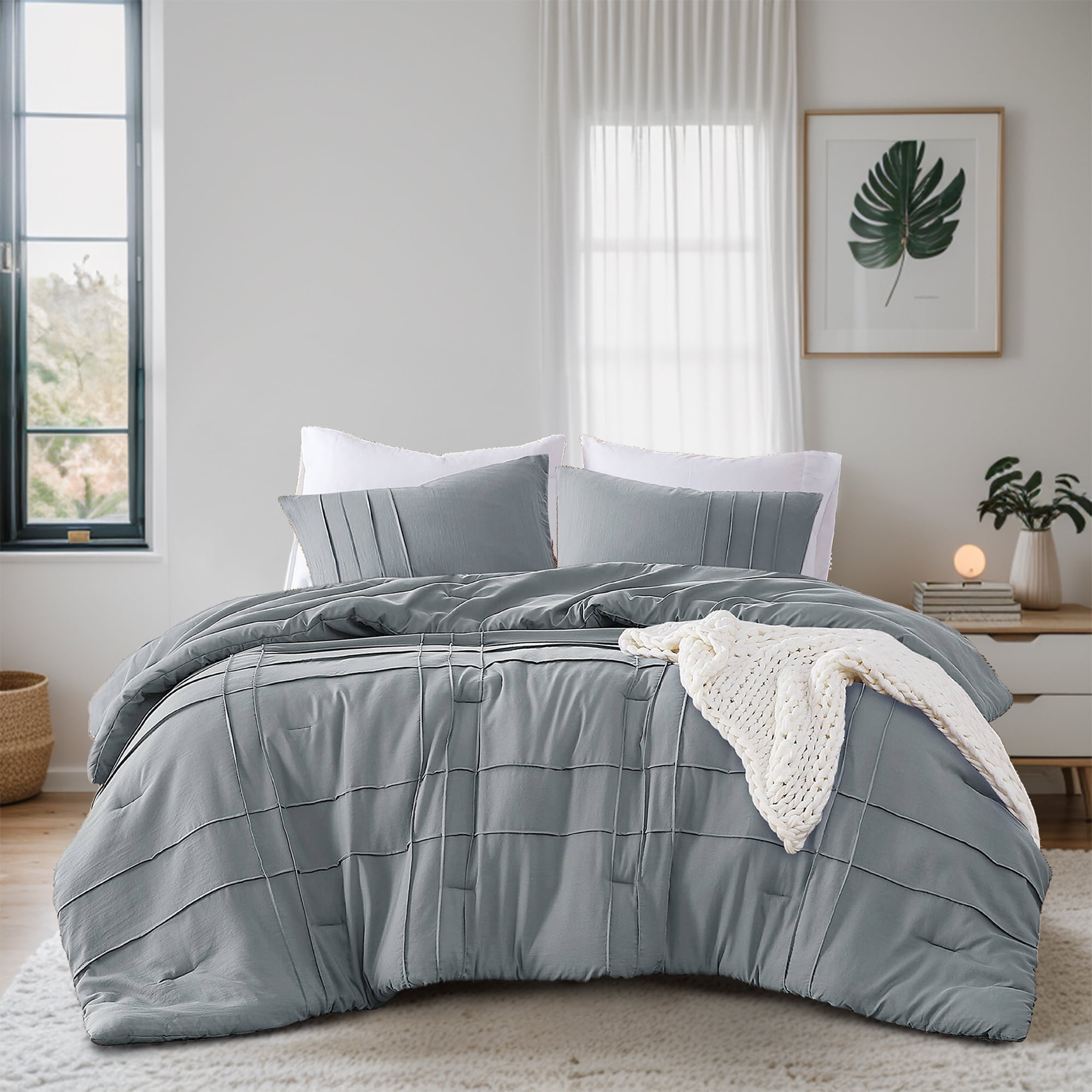 Regency Heights Full Comforter Set, Boho 3-Piece Pintuck Stitching Bedding Set, Soft Washed Pleated Bed Sets with Pillow Sham Blue/Grey