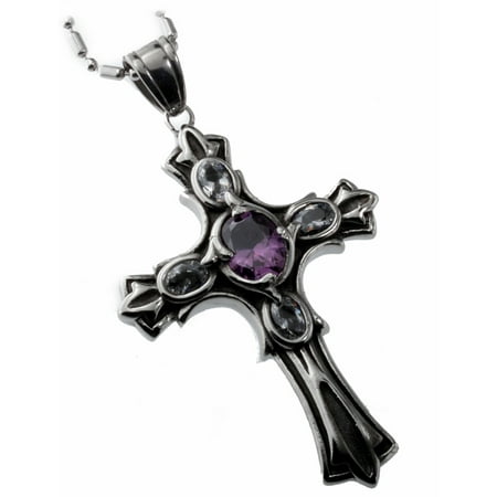 14k Purple Cross - R.H. Jewelry Stainless Steel Classical Cross Pendant With Purple Glass Crystal