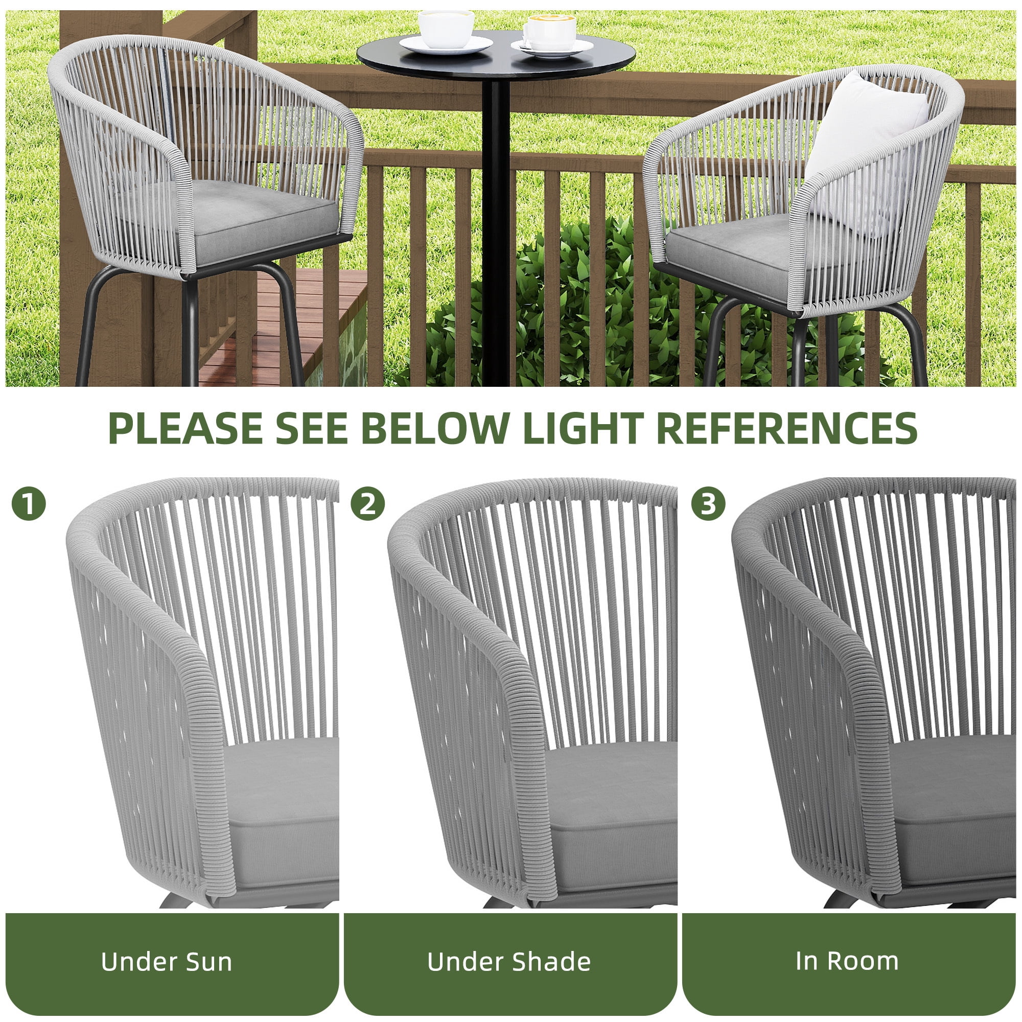 Uforic Patio Bar Stools Set of 2, Counter Height Swivel Bar Stools with Cushions, Outdoor Rattan Chairs for Backyard, Balcony, Deck, Lawn and Indoor Use, Gray