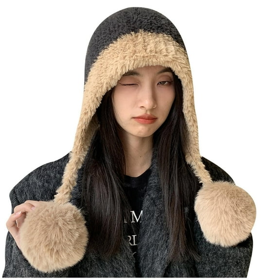 Winter Beanie Hats For Women Warm Knit Skull Cap Faux Fur Hat With Pompom Russian Ushanka Trapper Hat Ear Cover Gray