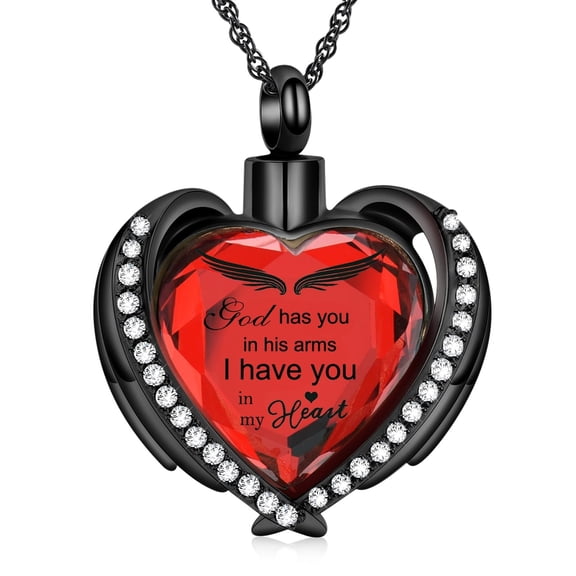 God has you in his arms, I have you in my heart - Angel Wing Crystal Heart Urn Pendant Cremation Jewelry for Ashes Holder Memory Necklace Human Pet Memorial Jewelry