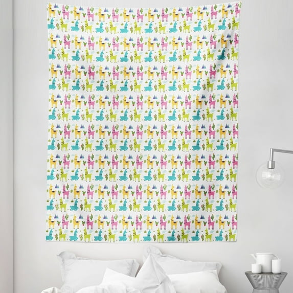 Cartoon Tapestry, Funny Colorful Theme Pattern with Alpaca Mountain and Cactus Exotic Leaves, Fabric Wall Hanging Decor for Bedroom Living Room Dorm, 5 Sizes, Multicolor, by Ambesonne