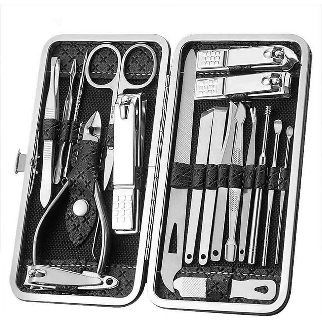 Juego de cortaúñas de acero inoxidable, kit profesional de manicura y pedicura, tijeras para uñas, juego de cuidado facial y de uñas portátil de viaje, 19 piezas