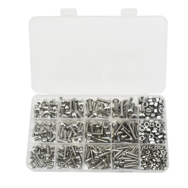 304 Stainless Steel Assorted Fastener Kit - 500 Pieces Boxed Set with M3, M4, M5 Round Head Bolts, Pan Head Hex Socket Screws & Nuts (No Wrench Included) - PP Storage Case, Total Weight 517g,