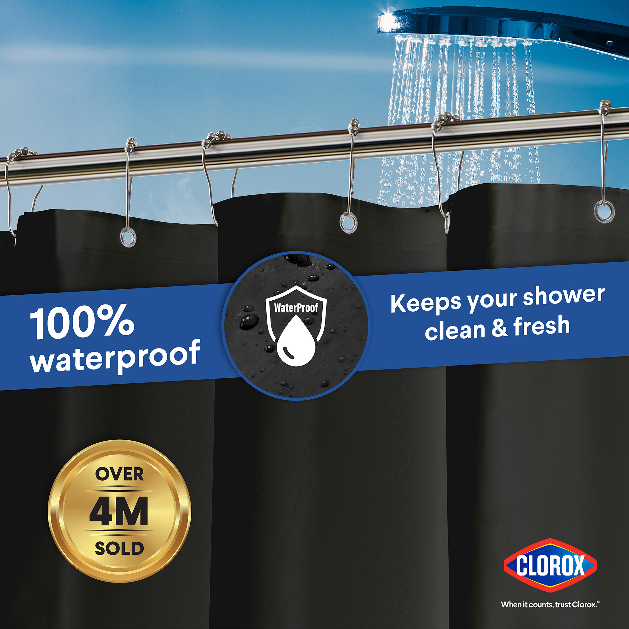 Clorox Shower Curtain Liner, Waterproof 6g PEVA w Magnets, Standard 72" x 72", Black 1 Pack