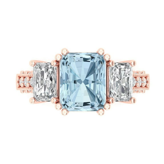 4.27 ctw 3 Stone Anniversary Ring for Women | Emerald Cut Natural Aquamarine | Hyperallergenic Solid 14K Rose Gold