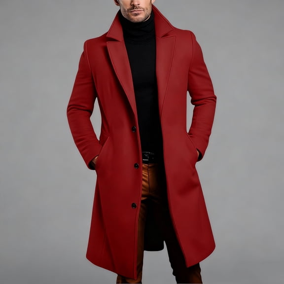 Kakii Mens Trench Coat Slim Fit Notched Collar Fall Winter Single Breasted Pea Coat Warm Soft Overcoat