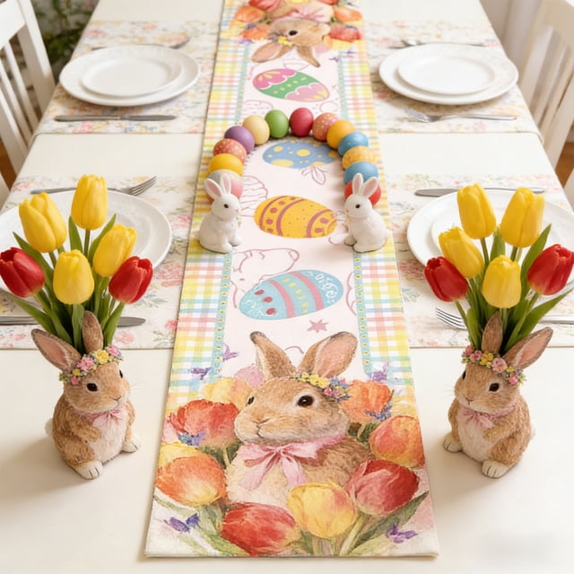 Homekingdee Easter Table Runner Placemats with Rabbits, Eggs and Floral Patterns - Multicolor Polyester Table Decor for Holiday Party