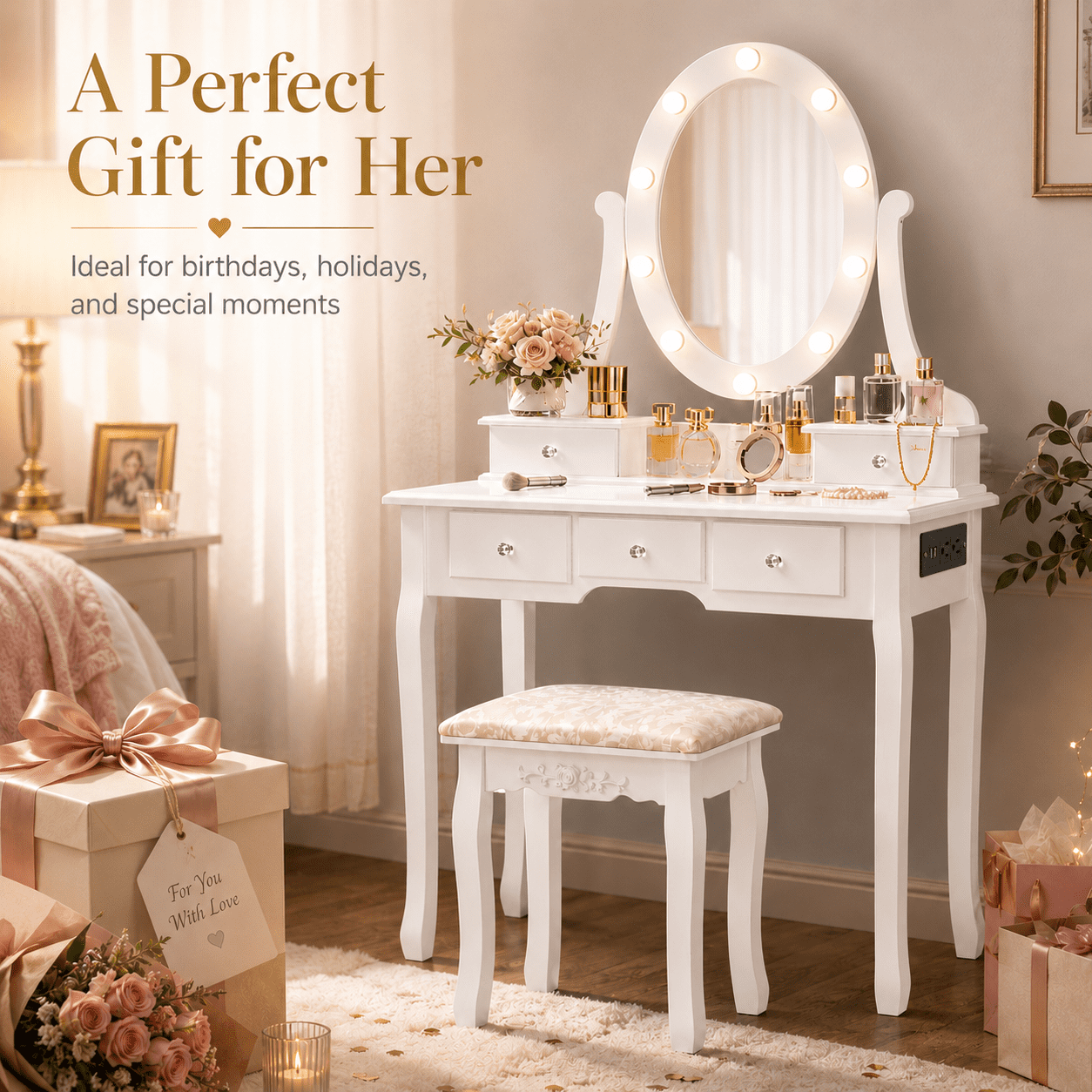 Ktaxon Makeup Vanity Table with 3 Color Lights, 5 Drawers Makeup Dressing Desk with USB Charging Station, Bedroom Vanities Set, White