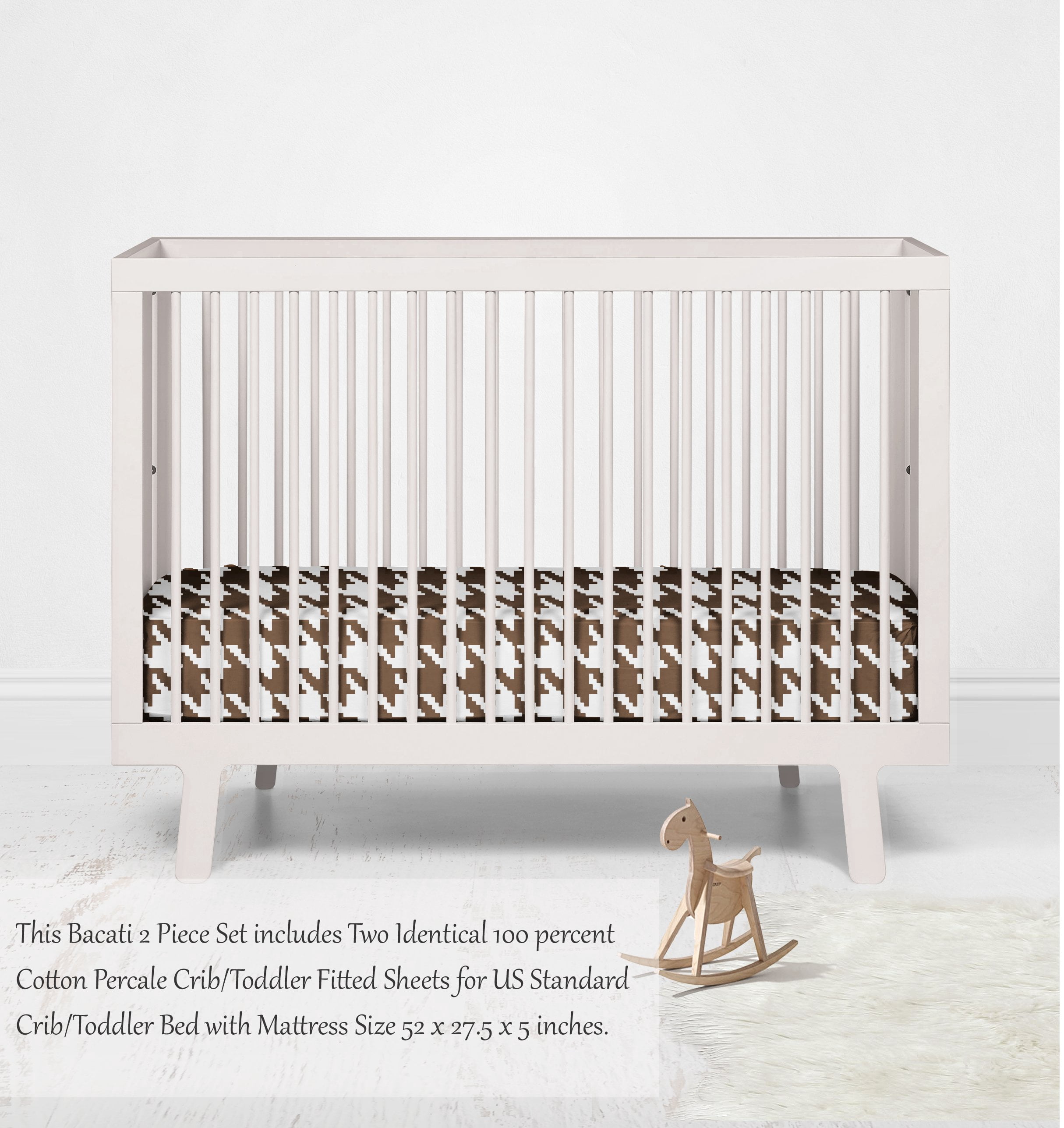 Crib or Toddler Bed Fitted Sheet 100% Cotton Percale, Dots Stripes Houndstooth Chocolate