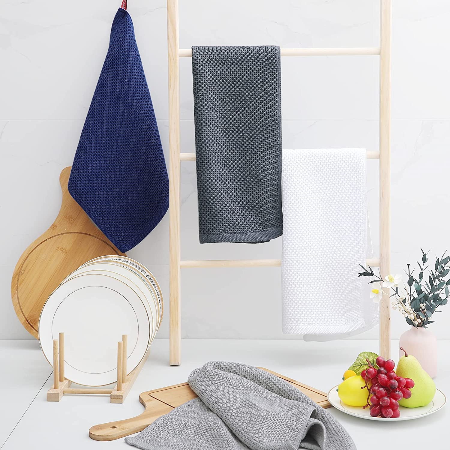 4 Pack 100% Cotton Dish Towels, Waffle Weave Dish Cloths for Washing Dishes, Quick Drying Kitchen Dish Towels Rags, 13x28 Inches, Light Gray