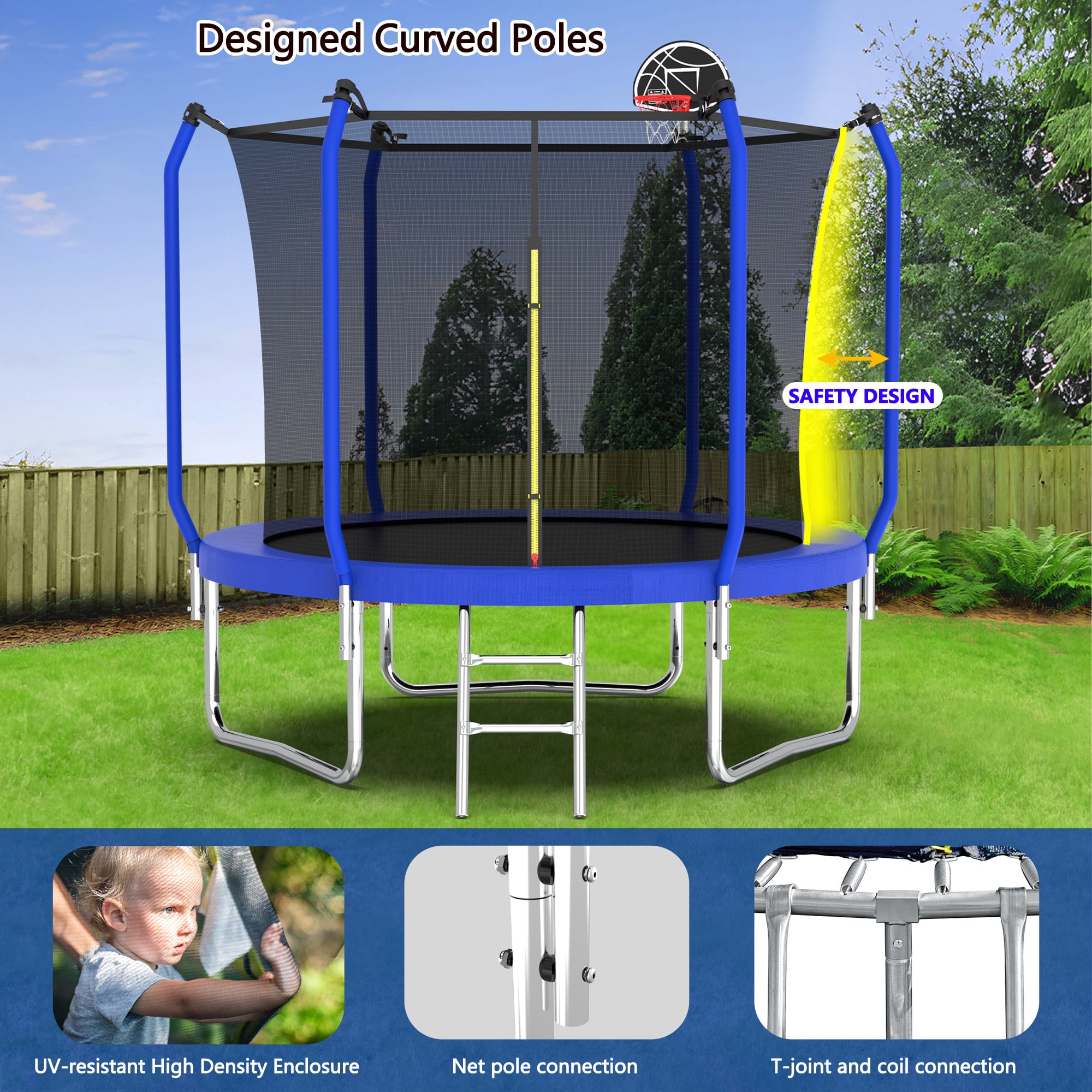 10FT Trampoline with Basketball Hoop, Reinforced Outdoor Trampoline with Safety Enclosure Net, Ladder & Basketball