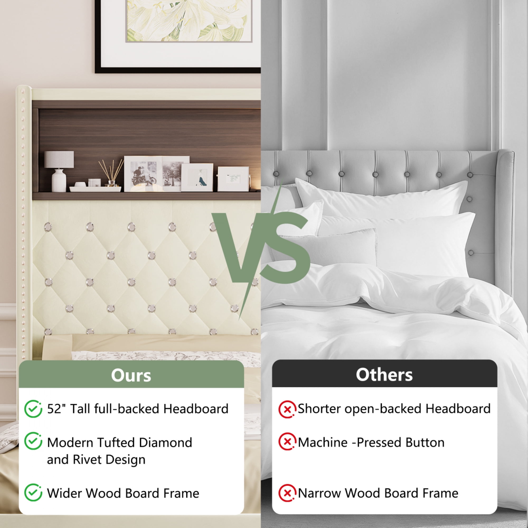 Full Size Velvet Tufted Wing-back Bed Frame - 52'' High Rivet Headboard with Shelf, USB Port & Night Light, Soft Platform Bed,Beige