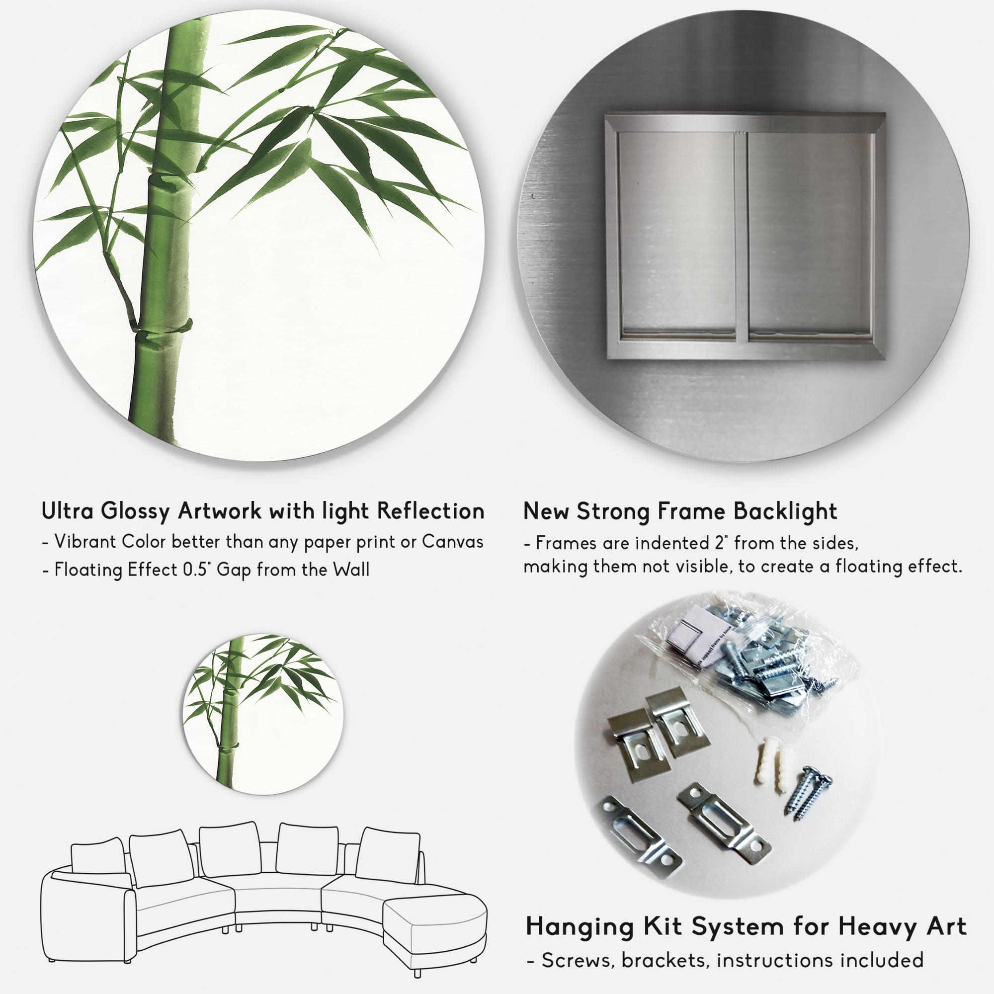 Designart 'Detail Of Dark Green Bamboo On White III' Traditional Circle Metal Wall Art 36x36 - Disc of 36