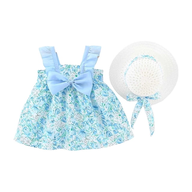 MEZZALL Robe Tutu pour Bébé Fille Robe d'Été Sans Manches Dos Nu Robe de Fête d'Anniversaire avec Chapeau de Paille, Bleu, 2-3 Ans