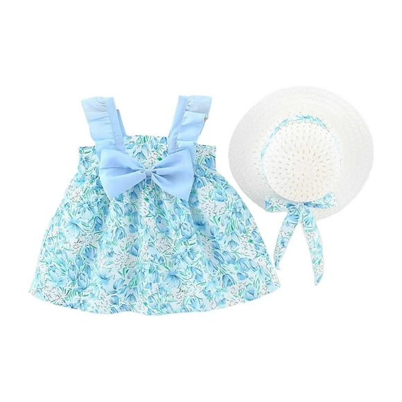 MEZZALL Robe Tutu pour Bébé Fille Robe d'Été Sans Manches Dos Nu Robe de Fête d'Anniversaire avec Chapeau de Paille, Bleu, 3-12 Mois