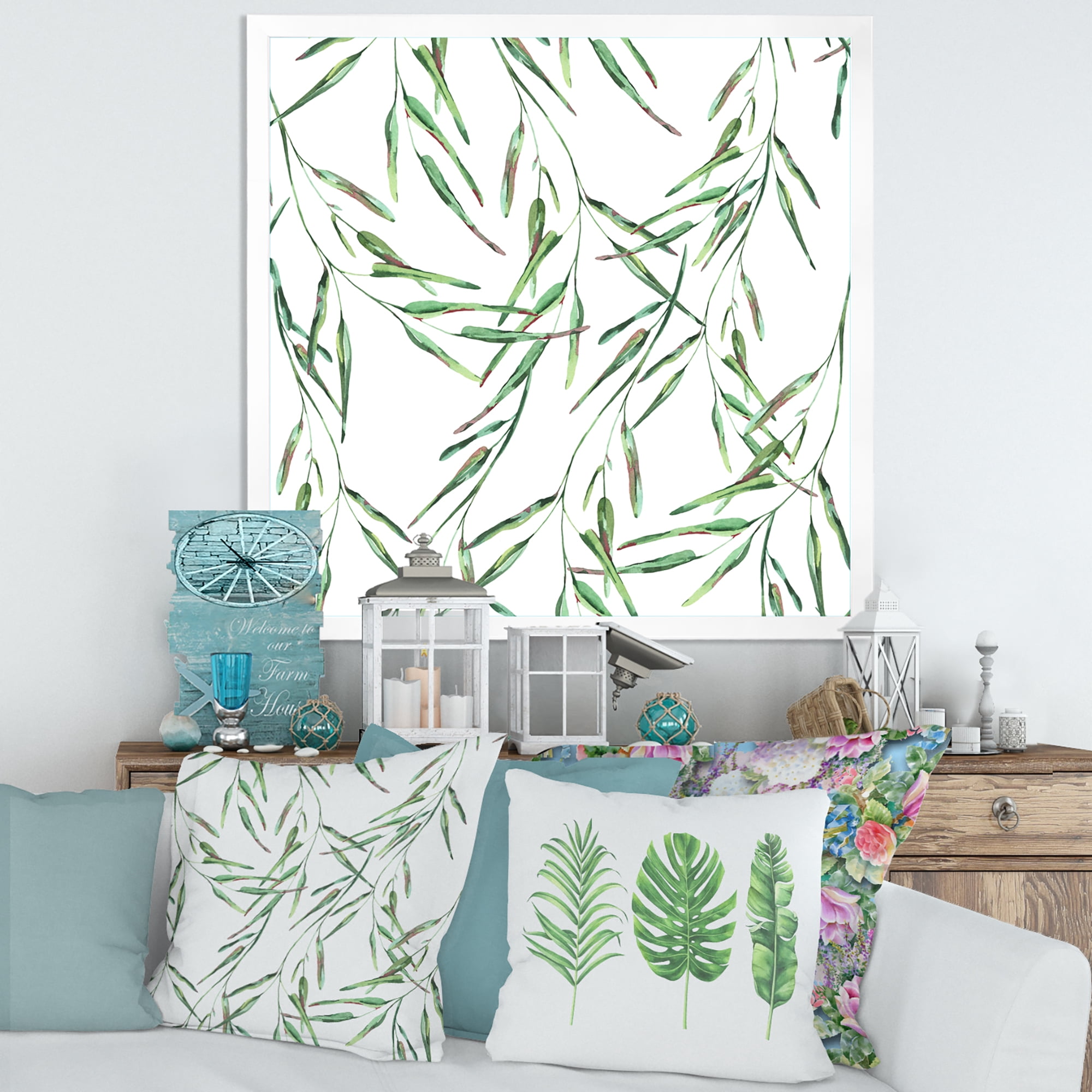 Designart 'Tropical Green Leaves On White In Summer Times II' Tropical Framed Art Print