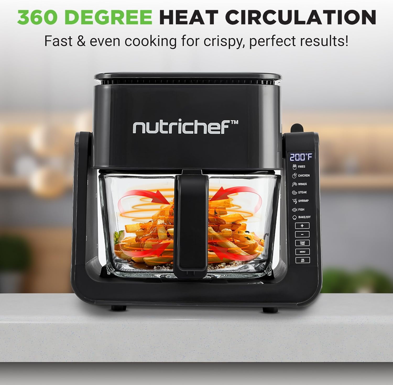 NutriChef 4QT Air Fryer & Grill Combo, 7 Preset Cook Modes, Transparent Glass Fry Bowl, 1.2QT Grill, Black