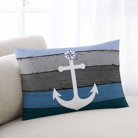 Blue Nautical Anchor Throw Pillow Covers, Rustic Distressed Wood Grain Soft Breathable Pillow Cases with Invisible Zipper for Sleeping, Queen Size Pillowcases for Couch Bed Sofa Chair 20x30 Inches