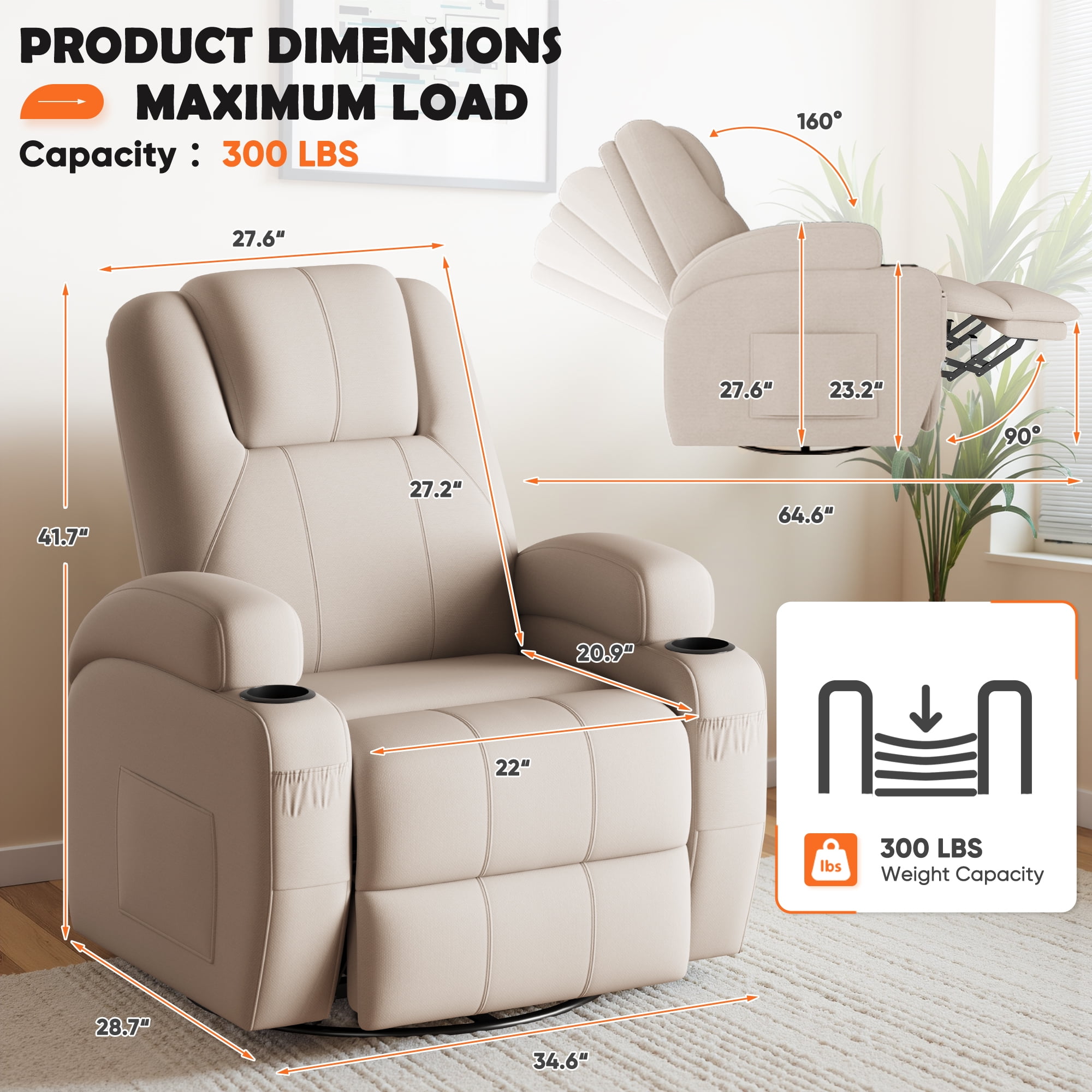Furmax 360° Swivel Rocking Chair Power Massage Recliner With nursing Needs Oversized Furniture For Living Room,Beige