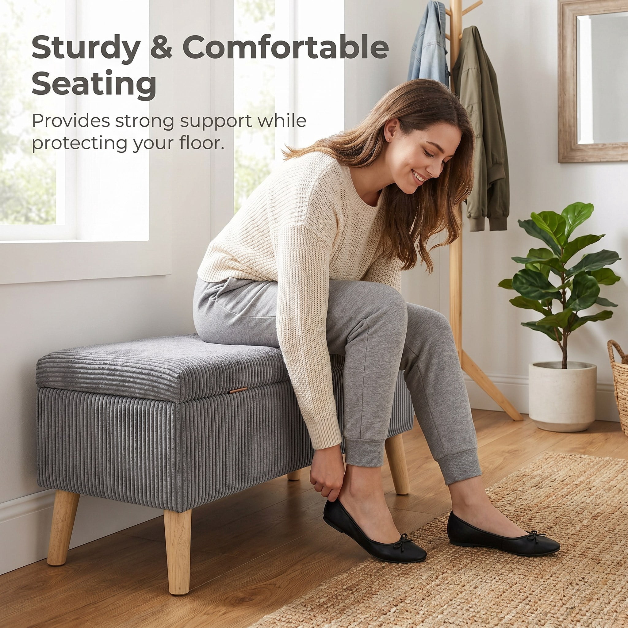 32 inch Wide Olive Grey Corduroy Storage Ottoman Bench with Wooden Legs, Flip-Top Storage Box, Soft Upholstered End of Bed Bench, Footrest & Shoe Bench for Bedroom, Living Room, Entryway