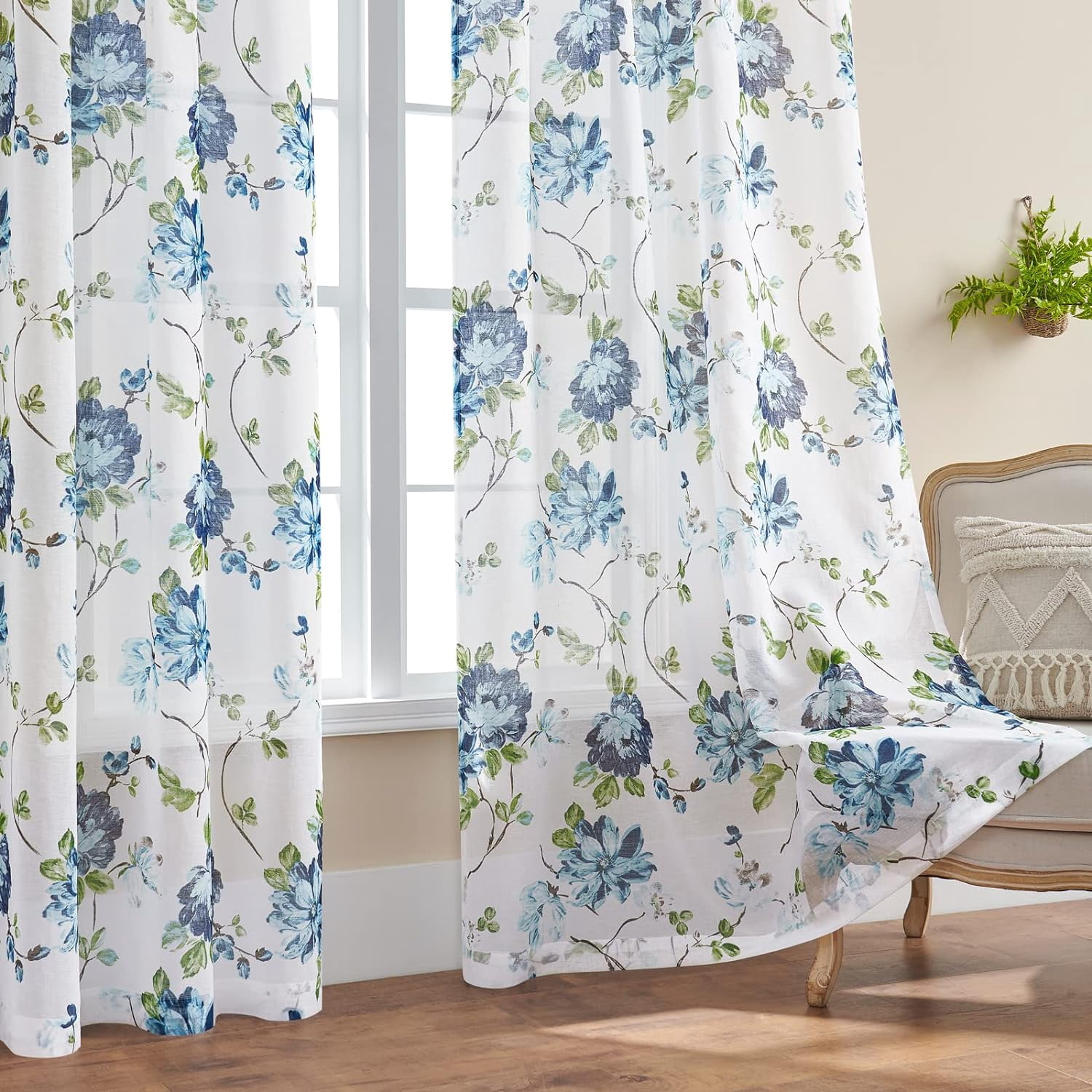 Blue Floral Curtains 63 Inch Length 2 Panels Set Rod Pocket Flower Sheer Curtains for Bedroom Living Room Victorian Semi Sheer Slub Linen Textured Drapes French Country Modern Decor, 52x63