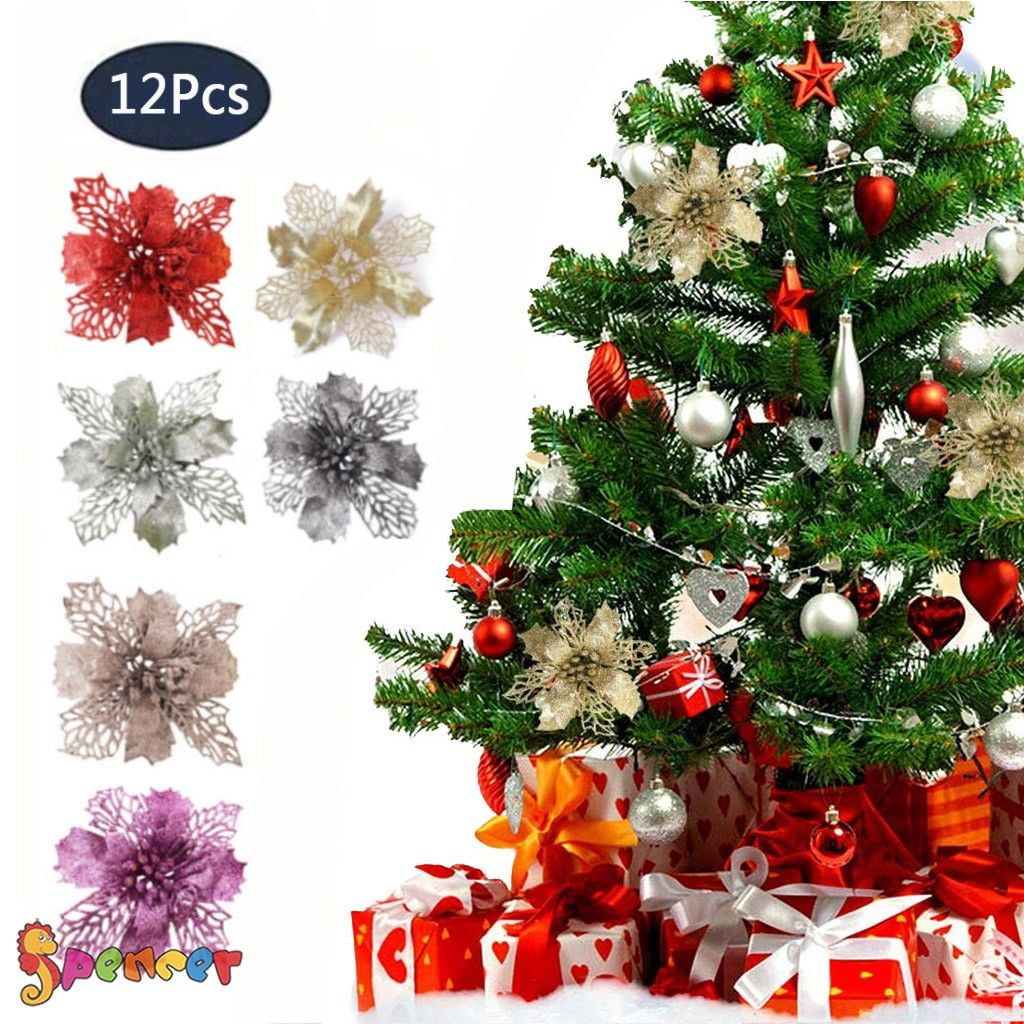 12Pcs Glitter Christmas Flower Tree Hanging Ornaments Festival Xmas Decor Prop 