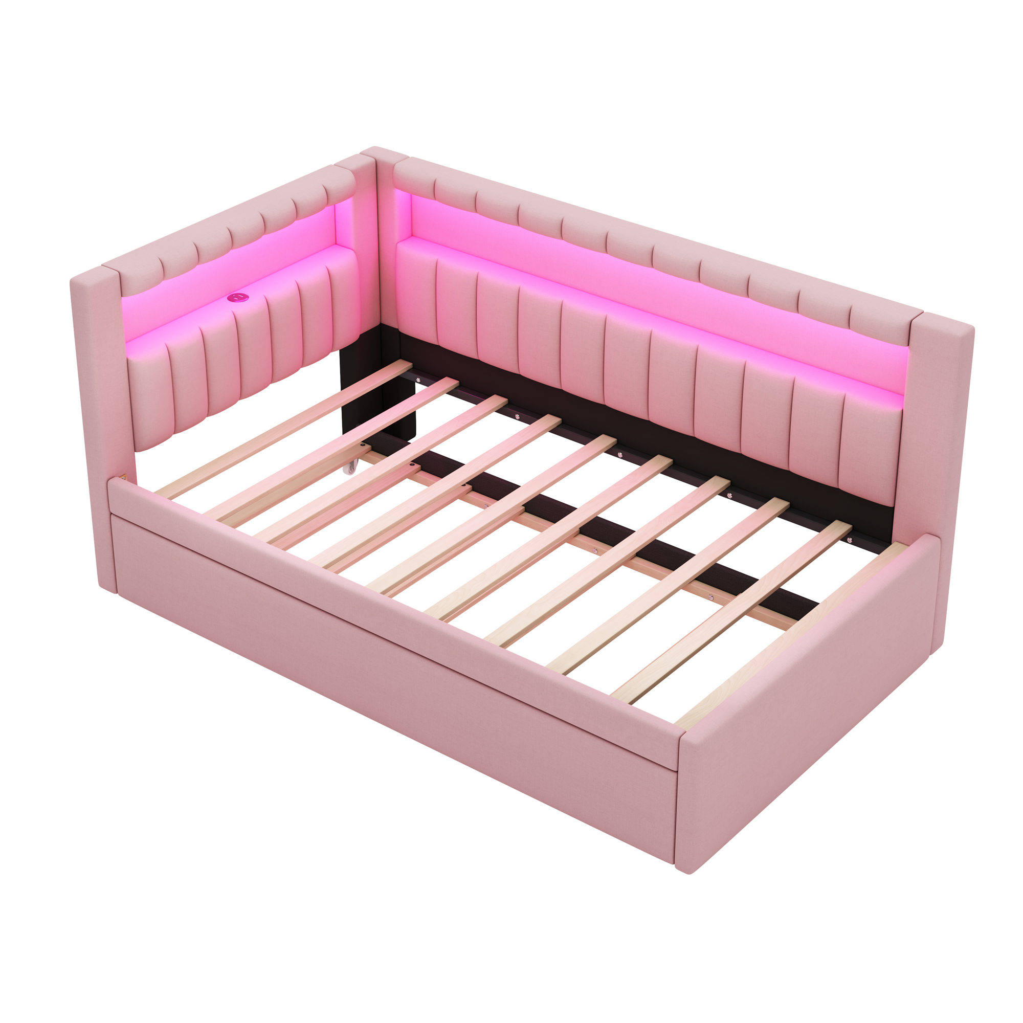 Euroco Upholstered Twin Size Daybed with Trundle, USB Charging Station and LED Light, Pink