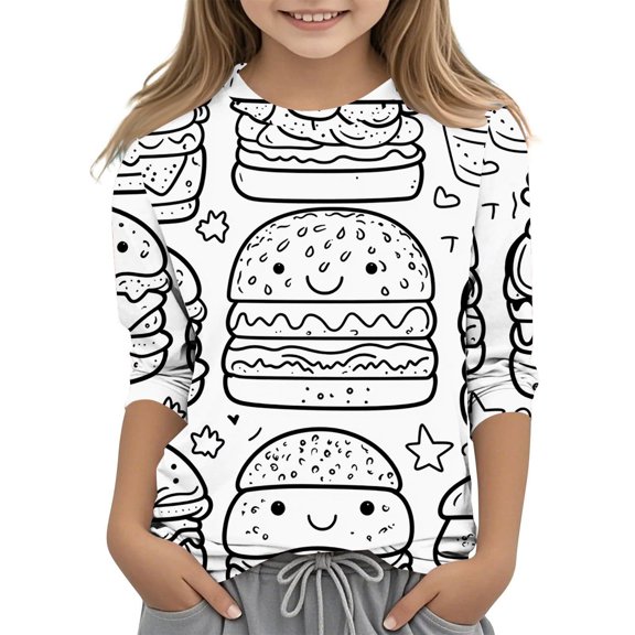 miqiqism Hamburger Graphic Tops Kids 3/4 Sleeve Tunic Shirts Children asual Round Neck Tshirts Blouses Elbow Sleeve Tee Outfits Boys and Girls Spring Clothing,01_White,Size 11 Years