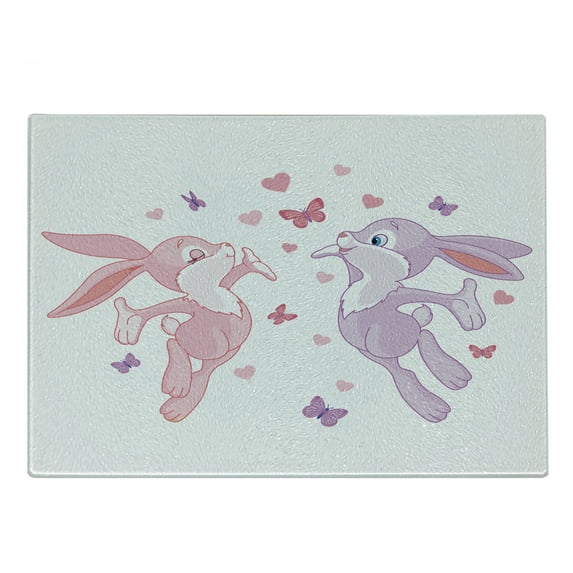 Butterfly Cutting Board, Valentine Bunnies Kissing in Air with Love Hearts and Butterflies Natural Life, Decorative Tempered Glass Cutting and Serving Board, Small Size, Pink Purple, by Ambesonne