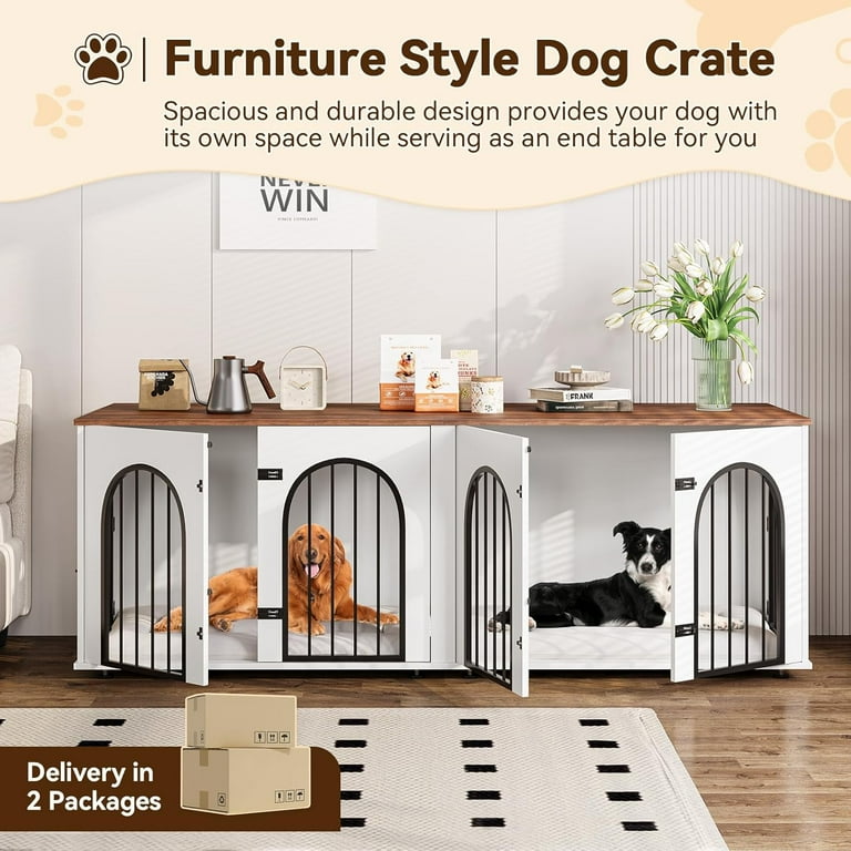 Homhougo 71" Dog Crate Furniture for 2 Dogs, Large Dog Kennel Furniture with Removable Divider, Wooden Dog Cage with Cushions, Indoor Dog House TV Stand for Large Medium Dog, White/Brown