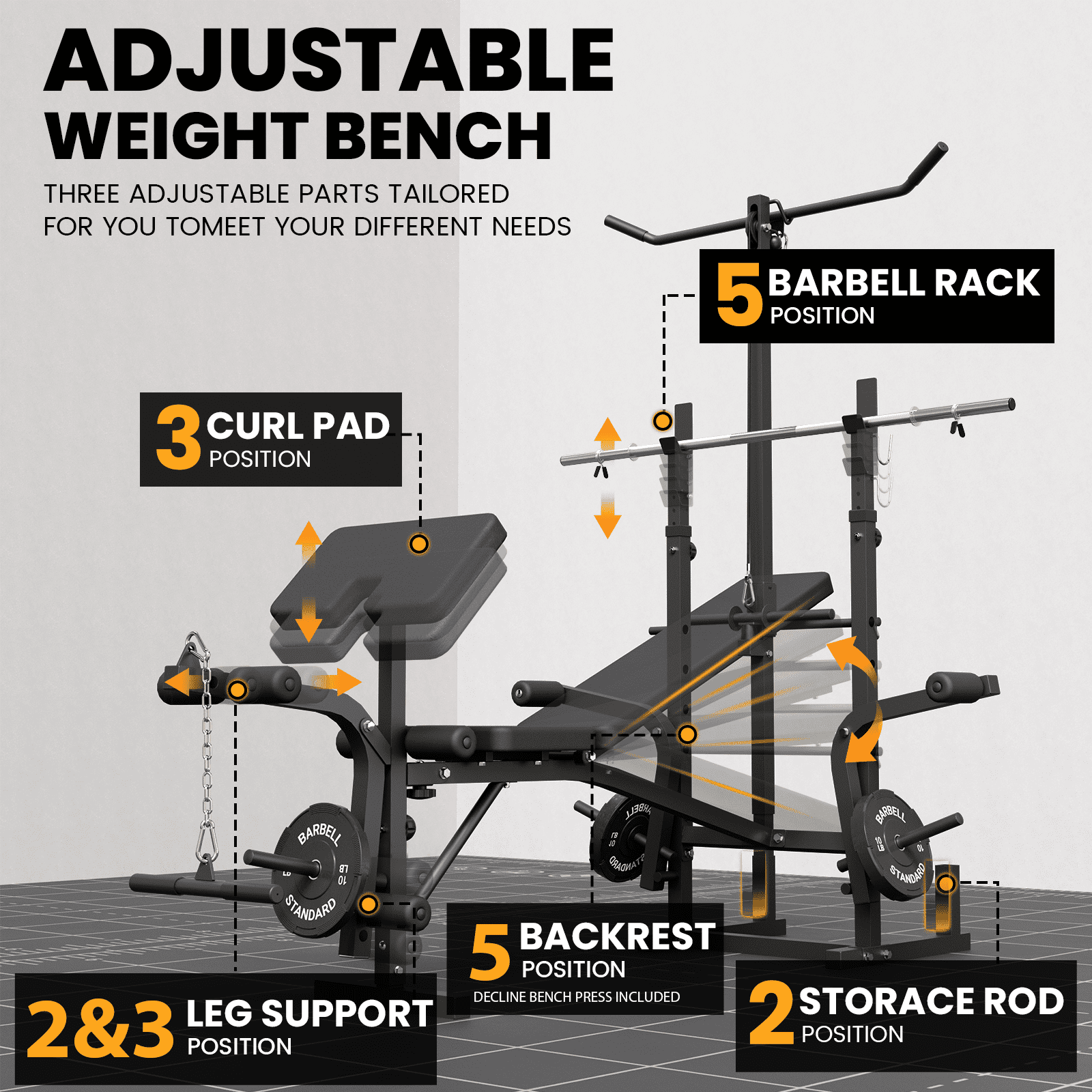 Mikolo Adjustable Weight Bench with Barbell 6 in 1 Lat Pull Down, Leg Extension and Leg Curl, Chest Fly and Preacher Curl Workout Bench Multi-Function Strength Training Bench Press Exercise Equipment