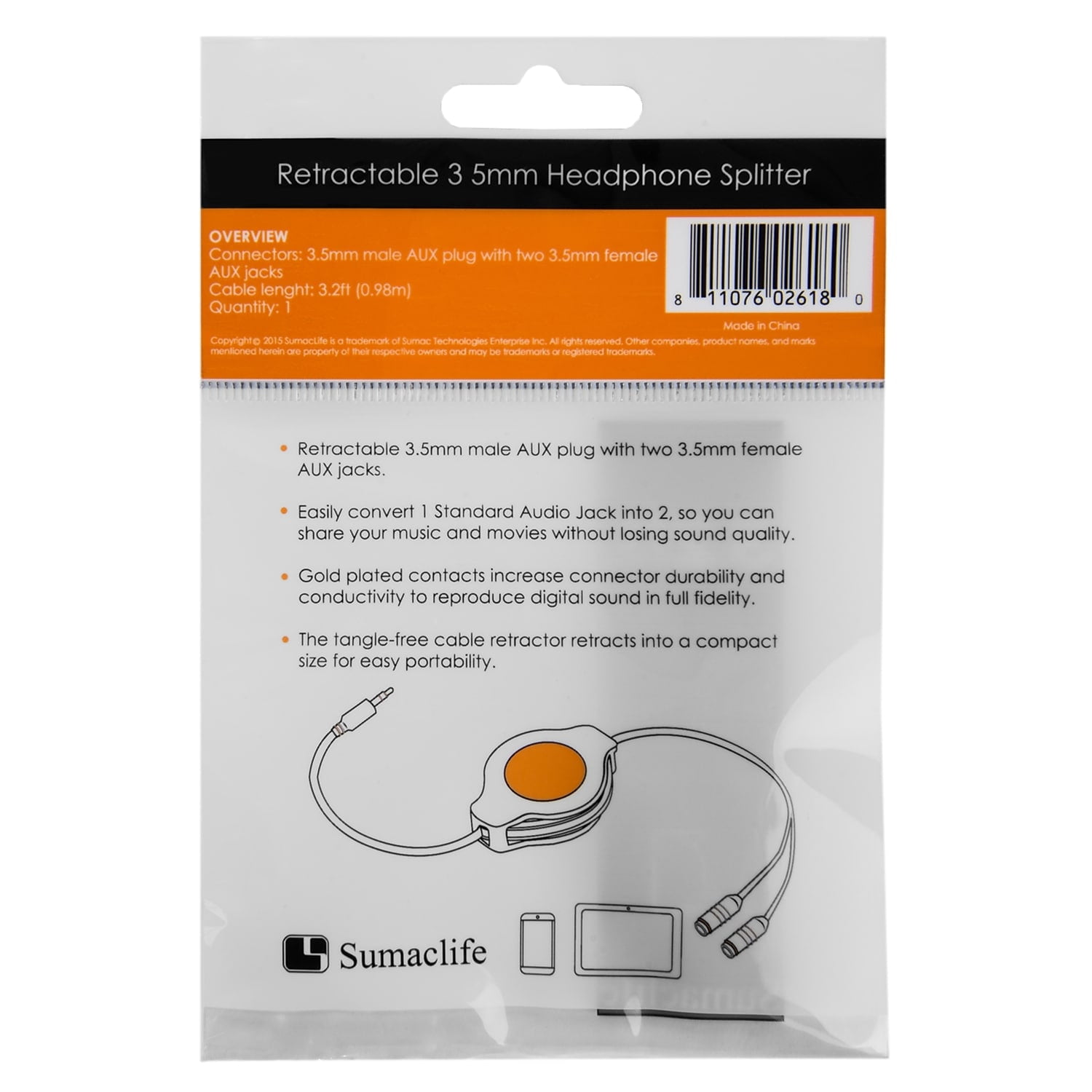Retractable 3.2 inch Headphone Splitter (3.5mm Male to 2 3.5 mm Female) Cable [Ideal for phones, laptops, tablets, etc.]