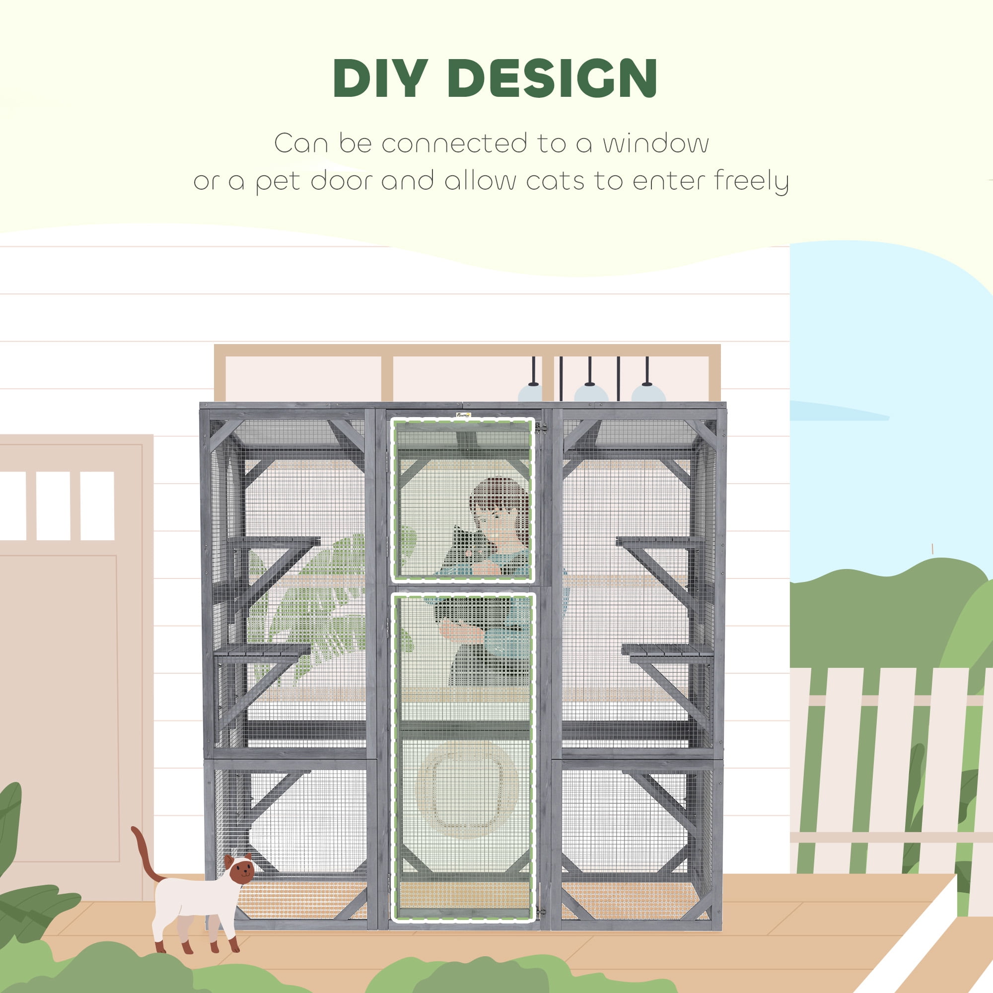 PawHut Catio Outdoor Cat Enclosure, Large Wooden Cat House with 6 Jumping Platforms, Weatherproof Roof, for 1-3 Cats, 59" x 28" x 60", Gray