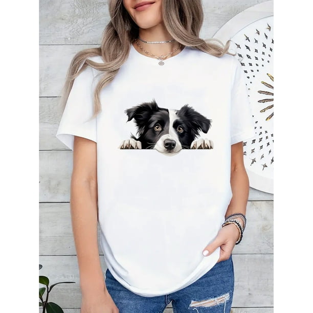 Adorable Border Collie Puppy Print Tee - Women's Comfy Soft Stretch Sportswear, Round Neck Short Sleeve T-Shirt, All-Season Polyester Blend, Machine Washable, Dog Shirt