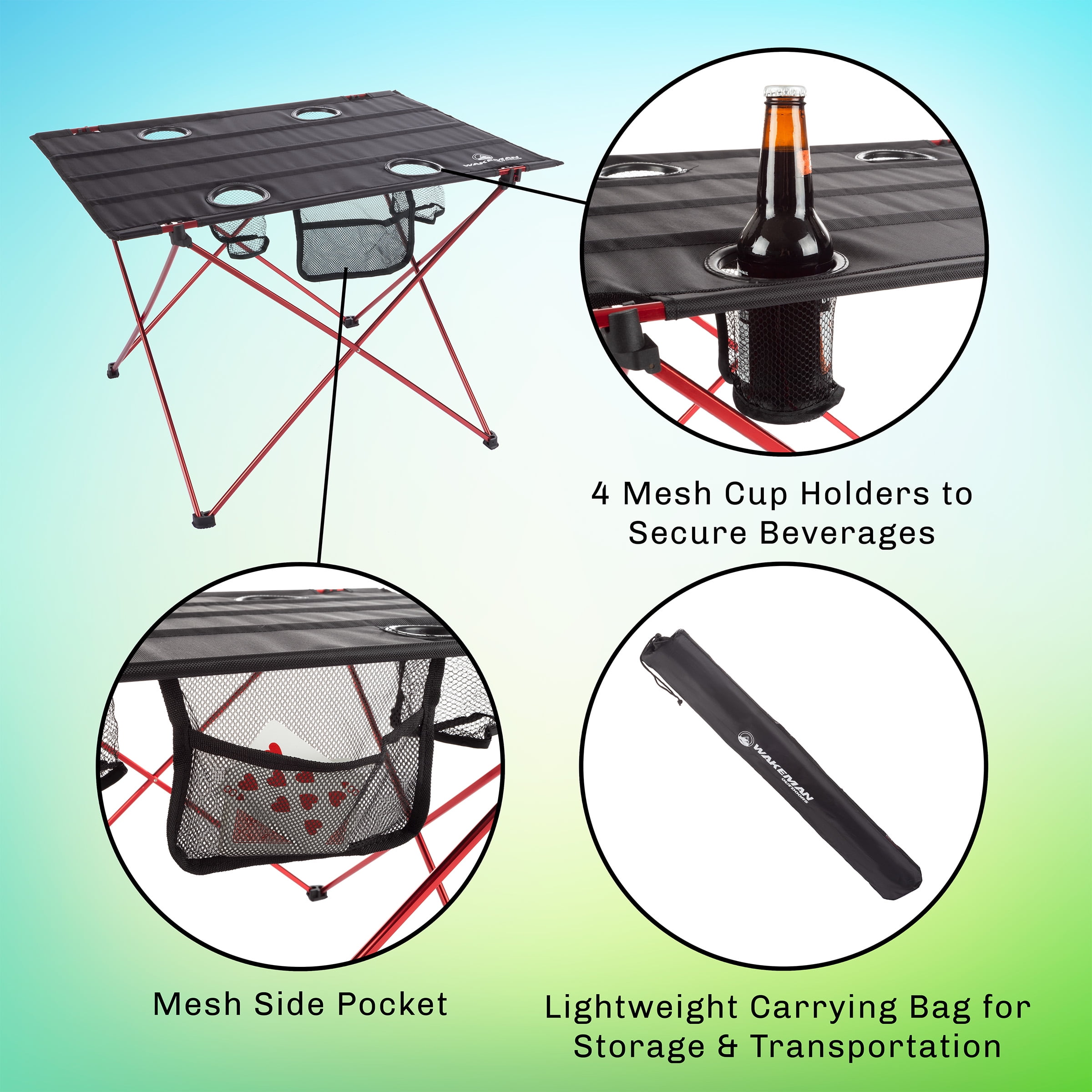 Camp Table-Outdoor Folding Table with 4 Cupholders and Carrying Bag by Wakeman Outdoors