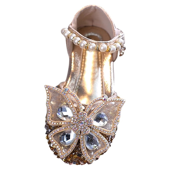 LNMQLPDBS Girls Glitter Dress Shoes Butterfly Dress Flats Mary Jane Ballerinas with Rhinestones Pearl Sequin Princess Shoes Kids Glitter Low Heels