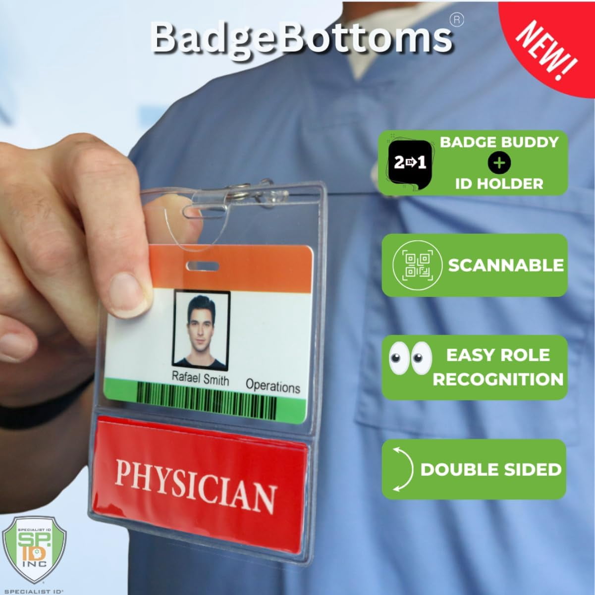 5 Pack - Physician BadgeBottom Horizontal Physician Badge Buddy & Badge Holder Combo - Heavy Duty 2 in 1 Badge Bottom I’D Nursing Accessories - Double Sided Clear Sleeve by Specialist ID