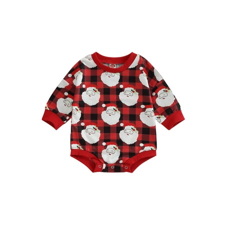 

Bagilaanoe Toddler Baby Girl Boy Christmas Romper Sweatshirt Long Sleeve Bodysuit Santa Plaid Print Pullover 6M 12M 18M 24M Kids Fall Loose Tee Tops