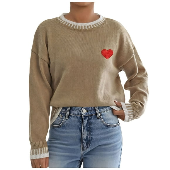 COM1950s Sweaters for Women, Women's Casual Sweater, Heart Printing Round Neck Fashion Long Sleeved Pullover Top, Heart Sweater for Women, Long Sweaters for Women, Women Sweaters for Fall