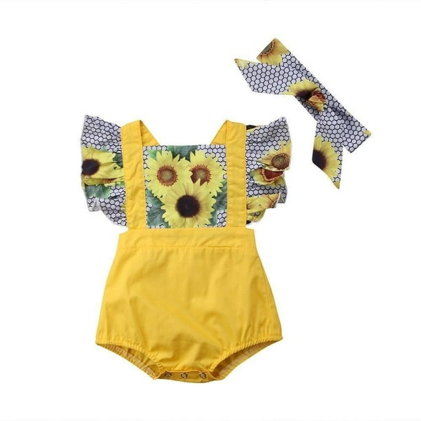 Newborn Toddler Baby Girls Summer Sunflower Romper Bodysuit Headband ...