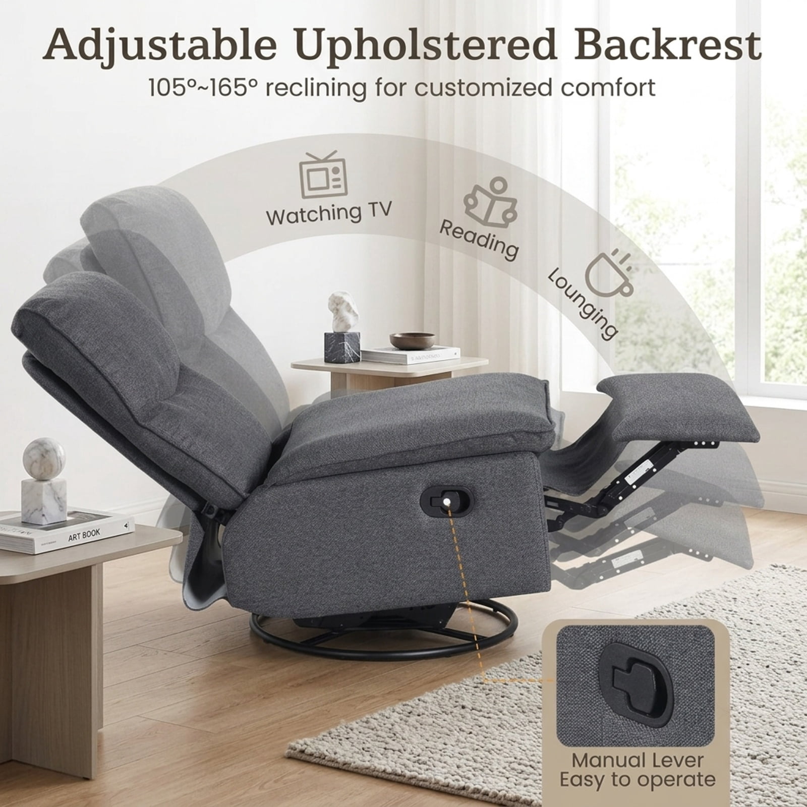 Furnibear 360 Degree Swivel Rocking Recliner Accent Chair with Padded Back Extendable Footrest and Polyester Linen for Living Room and Nursery, Gray