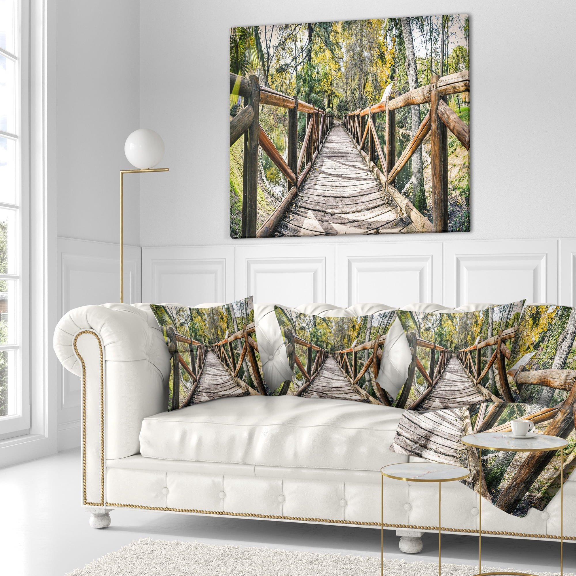 Designart Wooden Bridge in Forest - Wooden Sea Bridge Throw Pillow - 18x18