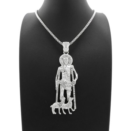 Silver PT Iced SAN LAZARO Pendant 20" 24" Box Cuban Rope Chain Hip Hop Necklace