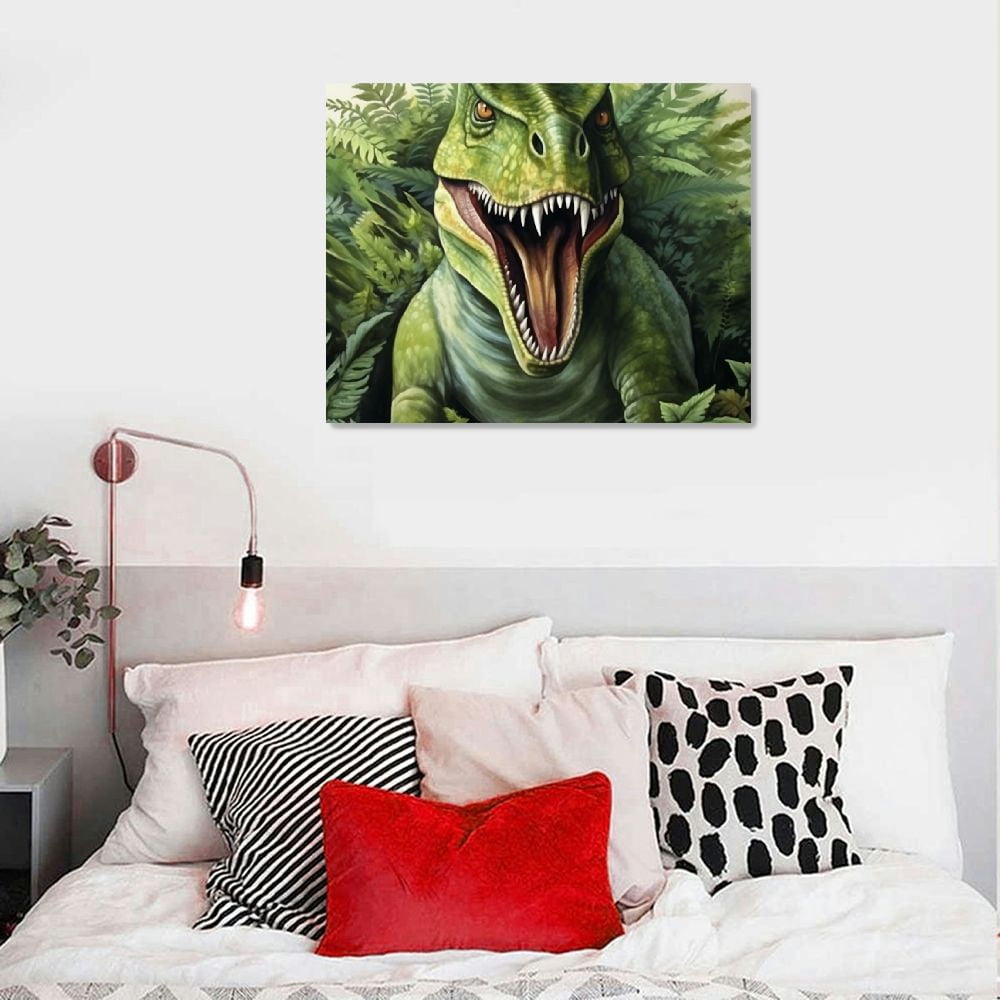 JRXY  Watercolor Dinosaur Wall Art Poster, Set of  Dinosaur Prints for Boys Room, T-rex Pterosaur Triceratops Dinosaur Canvas Painting with Tropical Botanical Painting,  16x12in