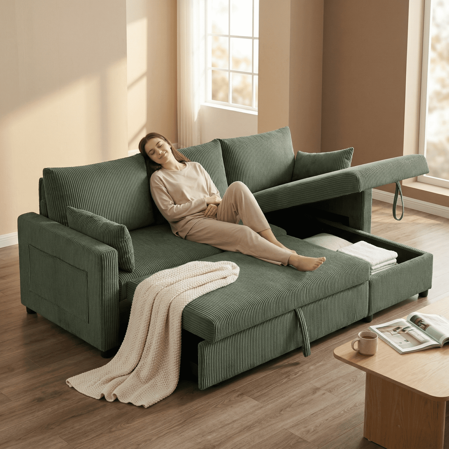 Leumius Sectional Sofa with Pull Out Sofa Bed,L Shaped Corduroy Sofa Couch with Storage Chaise,3 Seater Convertible Sectional Couch for Small Living Room, Apartment, Office,Olive Drab