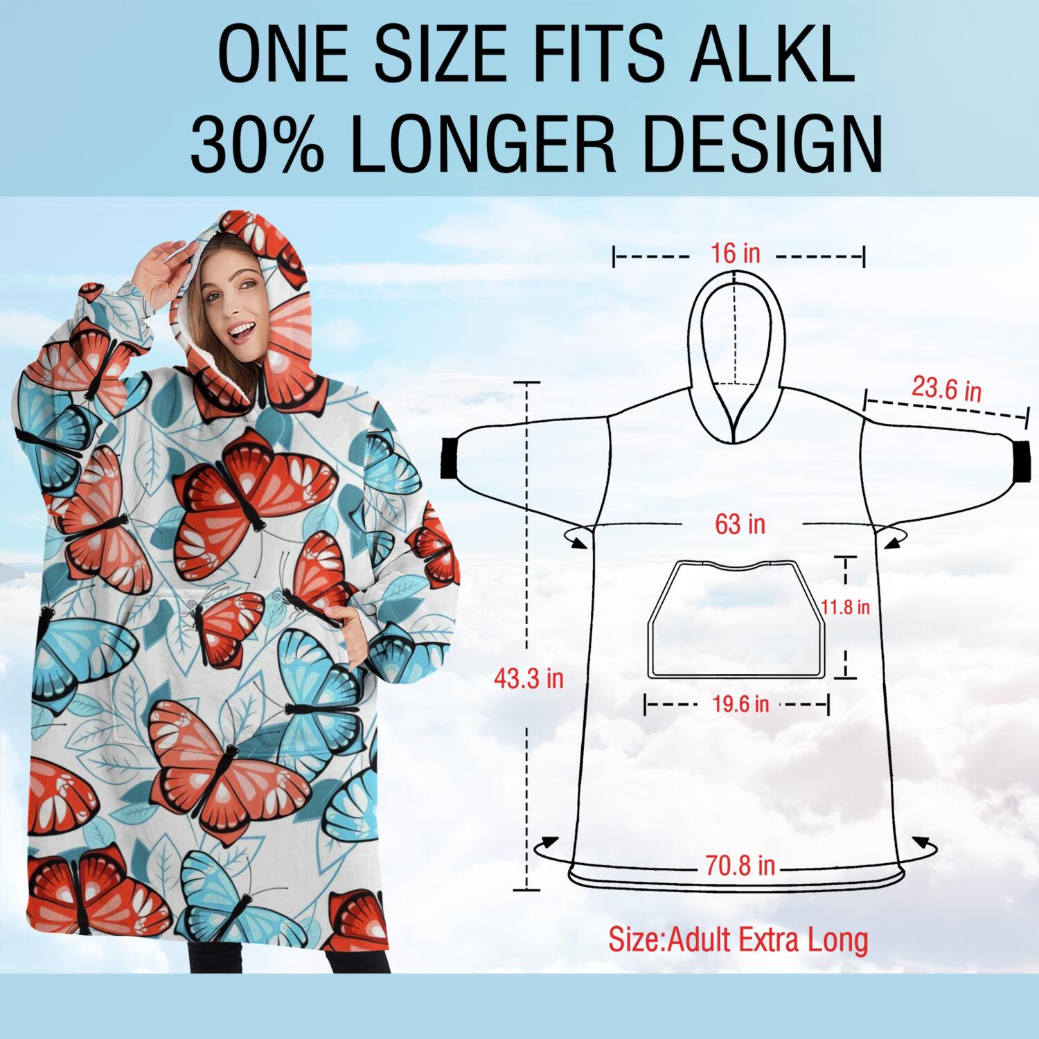 Oversized Wearable Blanket Hoodie,White Butterfly Red Blue Leaf Pattern Sherpa Blanket Hoodie with Super Pockets,Super Warm Fuzzy Pullover for Women & Men